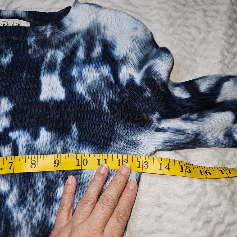 Style & Co Shirt Womens Medium Blue White Tie-Dye Y2K Boho Ribbed 3/4 Sleeve - Picture 8 of 9